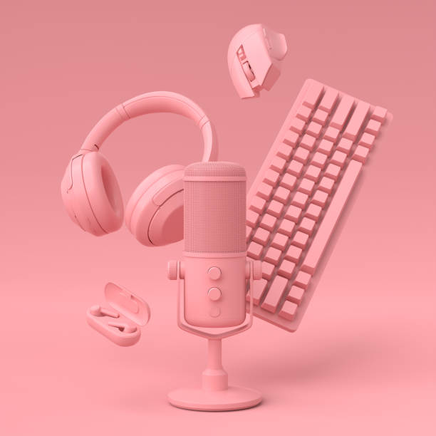 istock Flying gamer gears like mouse, keyboard, joystick, headset, VR, microphone 1329045660