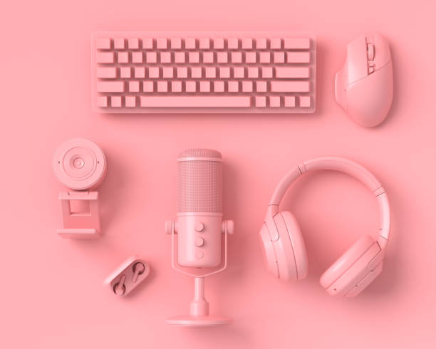 istock Top view gamer gears like VR glasses, keyboard, controllers and microphone 1329045710