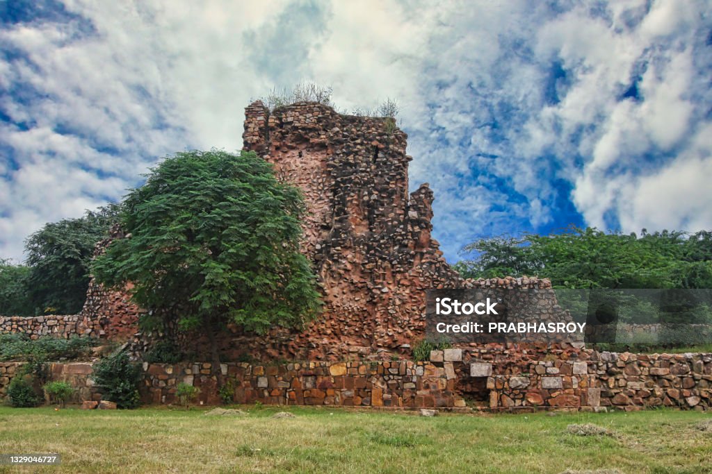 Ruins of Siri Fort During 1297 and 1307 Alauddin Khilji laid the foundation of SIRI the second city of Delhi. The the remaining ruins of Siri Fort was built by Seljuk dynasty. It was built to defend against the Mongol invasions Siri Fort Sports Complex Stock Photo