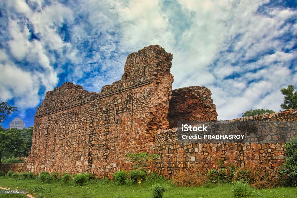 Ruins of Siri Fort During 1297 and 1307 Alauddin Khilji laid the foundation of SIRI the second city of Delhi. The the remaining ruins of Siri Fort was built by Seljuk dynasty. It was built to defend against the Mongol invasions Siri Fort Sports Complex Stock Photo
