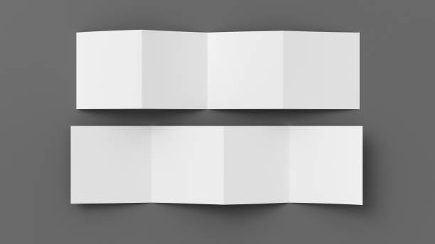 istock Square  zigzag or accordion fold brochure. Four panels, eight pages blank leaflet. Mock up on gray background for presentation design. Front and back side. 1329048145