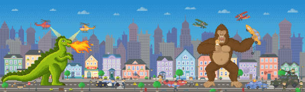 Kong and Godzilla in pixel-game layout design. Giant animals monsters attacks humanity Kong and Godzilla in pixel-game layout design. Animals monsters attacks humanity, gorilla holds girl and car in hands. Giant dinosaur in computer pixelated scene attacked by military and police godzilla vector stock illustrations