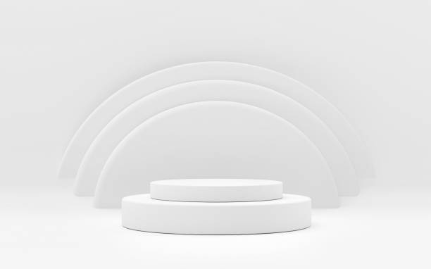 istock White product stand on white background. Abstract minimal geometry concept. Studio podium platform theme. Exhibition and business marketing presentation stage. 3D illustration rendering graphic design 1329050378