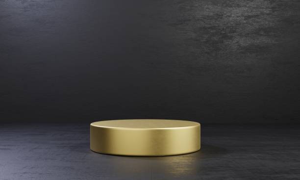 istock Golden one cylinder product stage podium table on black cement background. Abstract minimal fashion theme. Geometry exhibition stage mockup concept. 3D illustration rendering graphic design 1329052723