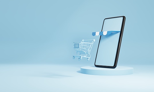 Smartphone with shopping cart and blank empty screen on blue stage background. Online shopping delivery business e-commerce store and social media application concept. 3D illustration rendering