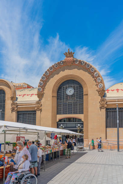 View of the main facade of the historical Central Public Market of Tarragona stock photo