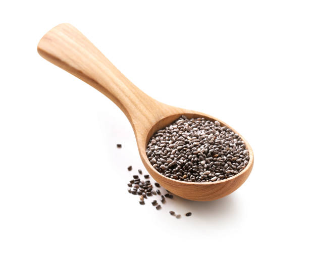 istock Chia seeds in a wooden spoon isolated on white. background. 1329055671