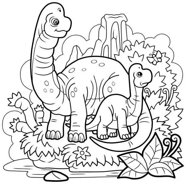 Vector illustration of cute dinosaurs brachiosaurus, coloring page, outline illustration