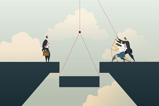 Business teamwork support helping connect the bridge to investment growth success. illustration Vector