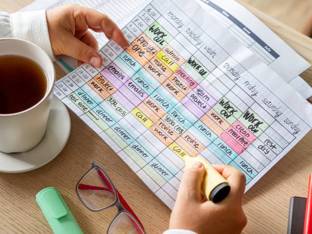 woman hands holding a time blocking weekly calendar to organize - time schedule bildbanksfoton och bilder