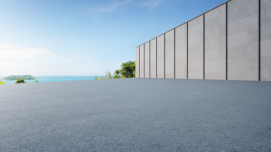 3d rendering of sea view plaza with clear sky background.