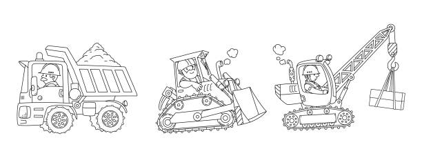 Heavy construction machinery. Cars with drivers Dump truck, mobile crane and grader or bulldozer. Heavy construction machinery with a drivers. Coloring book for kids. Small funny vector cute cars set. Children vector illustration. construction vehicle stock illustrations