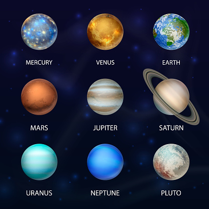 Vector 3d Realistic Space Planet Icon Set on Dark Starry Sky Background. The Planets of the Solar System. Galaxy, Astronomy, Space Exploration Concept.
