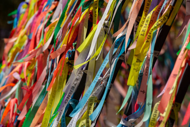 istock Colored ribbons hanging, fluttering in the wind. 1329063836