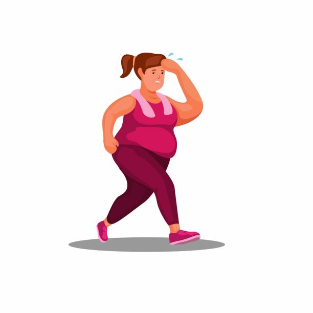 illustrations, cliparts, dessins animés et icônes de femme grosse épuisée qui court en jogging. vecteur d’illustration de régime et d’excercisation - femme transpiration sport
