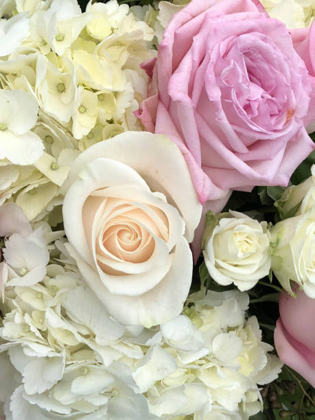 Close up of wedding bouquet of pastel flowers stock photo