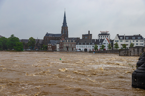 Maastricht, Netherlands 07-15-2021 floods in downtown Maastricht and the historical centre after heavy rainfall with over 150mm of rain in less than 24 hours with many houses flooded next to the Meuse