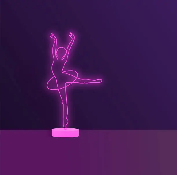 Vector illustration of Ballerina in neon in purple. Ballerina in motion. Ballerina on a stand. — копия.eps