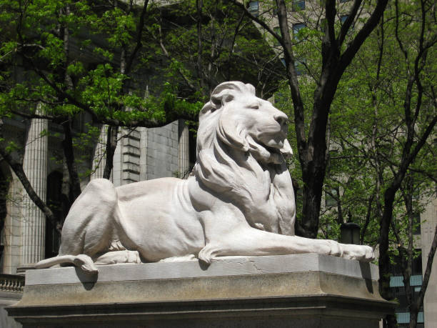 Lion sculpture in front of New York Public Library stock photo