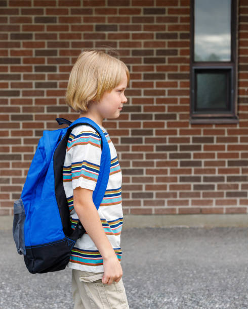 istock Little schoolboy walking to school, carrying backpack. Back to school concept. 1329066481