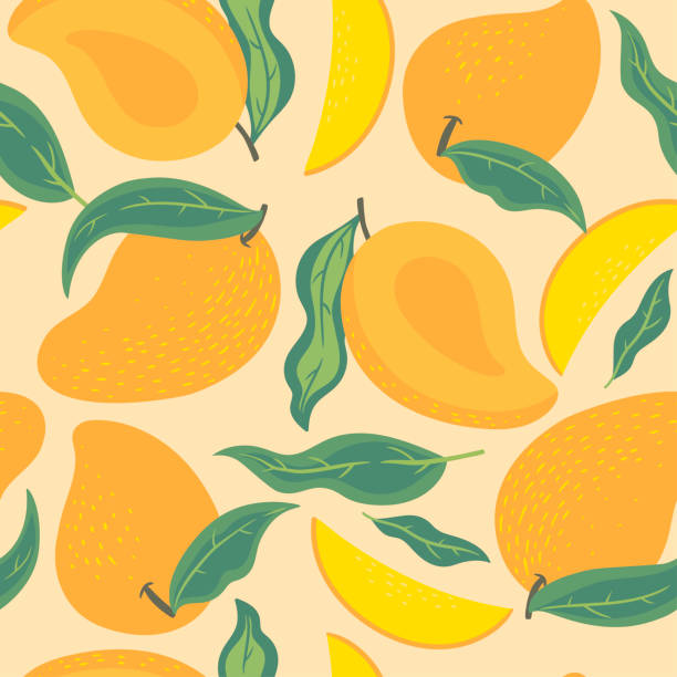 ilustraciones, imágenes clip art, dibujos animados e iconos de stock de patrón sin costuras con mango y hojas. gráficos vectoriales. - frutas tropicales