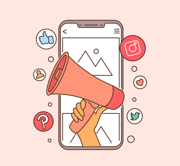 Mobile marketing and digital marketing concept. hand holding megaphone coming out from smartphone. Mobile marketing and digital marketing concept. hand holding megaphone coming out from smartphone. influencer stock illustrations