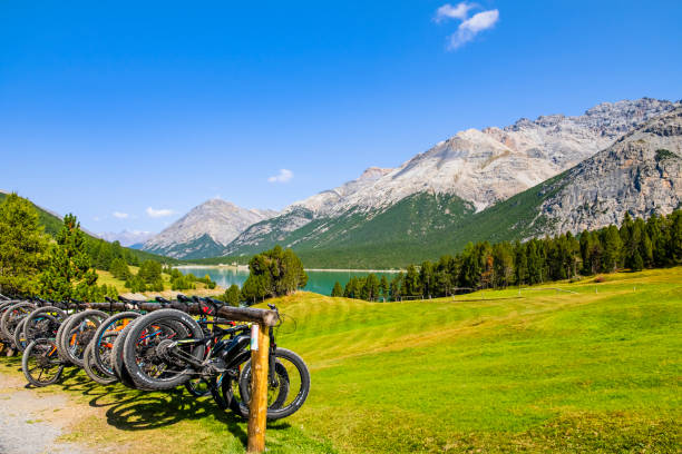Bicycles parked at the Laghi di Cancano, two reservoirs in the Alta Valtellina in Lombardy that have become a popular hiking spot.