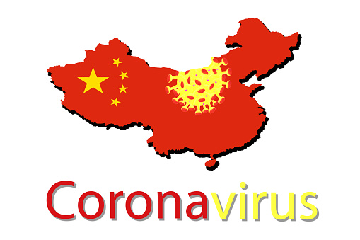 Silhouette of the map of china with a coronavirus bacteria