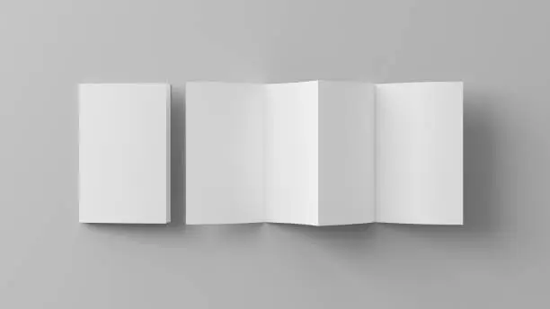 Vertical page zigzag or accordion fold brochure. Four panels, eight pages blank leaflet. Mock up on white background for presentation design. Folded and front side. View above. 3d illustration.