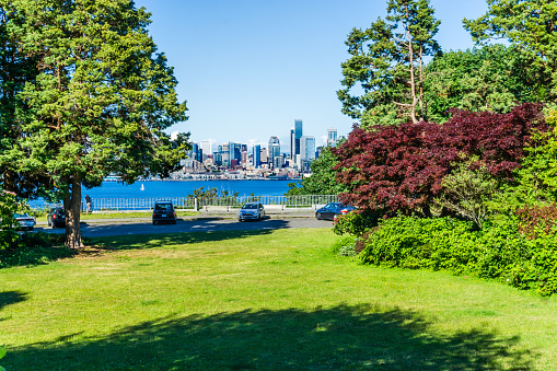 A veiw of the Seattle skyline from viewpoint Park in West Seattle, Washington.