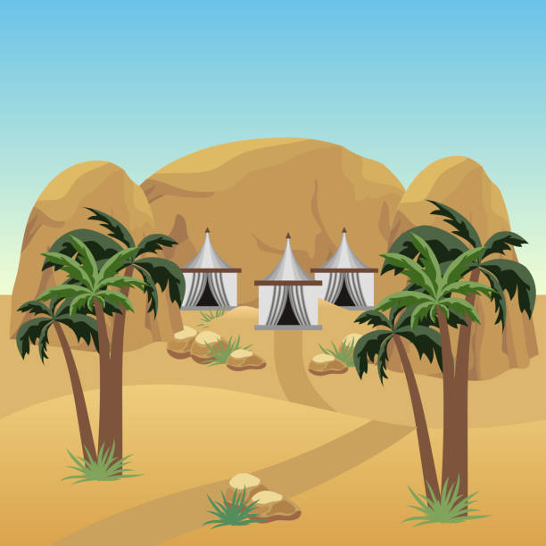 Nomad camp in desert. Landscape for cartoon or adventure game asset. Nomad camp in desert. Landscape for cartoon or adventure game asset. Bedouins tents,  sand dunes, palms, rocks. Vector illustration desert camping stock illustrations