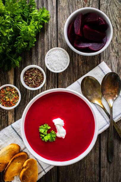 istock Cream beetroot soup on wooden table 1329081017
