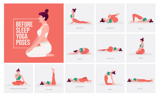 Before Sleep Yoga poses. Young woman practicing Yoga pose. Before Sleep Yoga poses. Young woman practicing Yoga pose. Woman workout fitness, aerobic and exercises. Vector Illustration. yoga stock illustrations