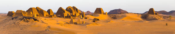 Panoramic view of the Meroe Pyramids Pyramids of Meroe in the Sahara desert khartoum stock pictures, royalty-free photos & images