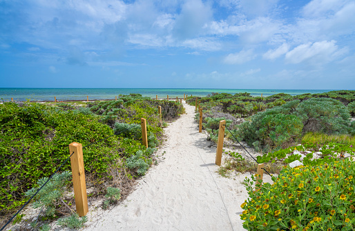 Summer beach scenery. Pathway to the ocean. Bahia Honda State Park, Florida Keys, Bahia Honda Key, FLorida USA.