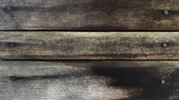 old gray brown wooden background made of natural horizontal boards with nails in grunge style. top view. raw planed texture of coniferous pine. surface of table to shoot flat lay. copy space. - veneer plank pine floor imagens e fotografias de stock