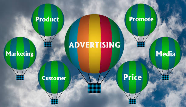 istock Hot air balloons with ADVERTISING concept. Abstract background, Thinking and Creativity. 3d illustration 1329089217