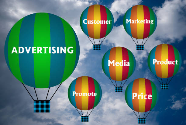 istock Hot air balloons with ADVERTISING concept. Abstract background, Thinking and Creativity. 3d illustration 1329089333