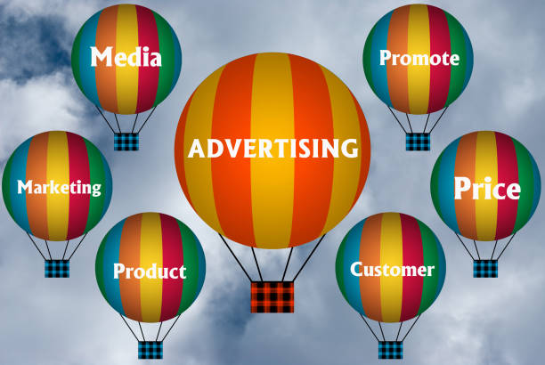 istock Hot air balloons with ADVERTISING concept. Abstract background, Thinking and Creativity. 3d illustration 1329091210