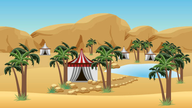 ilustraciones, imágenes clip art, dibujos animados e iconos de stock de oasis en el desierto con campamento beduino. paisaje para dibujos animados o fondo de juego - town of egypt