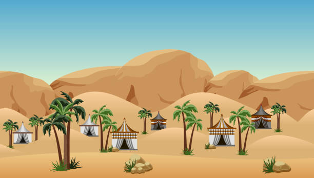 Desert landscape background with nomad camp. Scene for cartoon, game asset or wallpapers. Desert landscape background with nomad camp. Scene for cartoon, game asset or wallpapers. Parallax ready with some layers. Sand dunes, mountains and rocks, palms, nomad tents. Vector illustration. desert camping stock illustrations