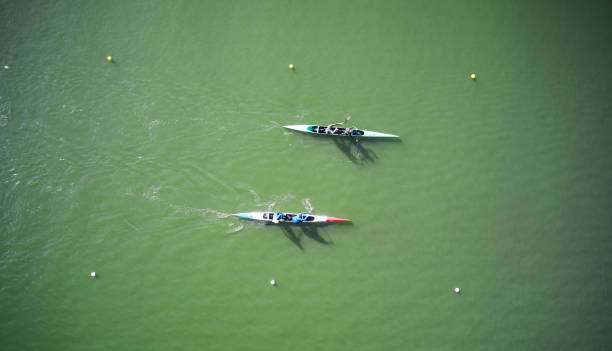 two boats sculling across rowing canal - rowboat sport rowing team sports race imagens e fotografias de stock