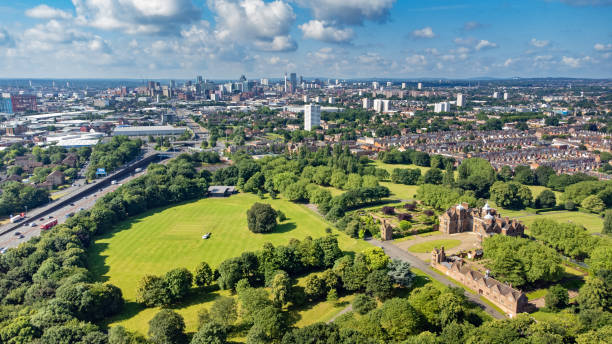 Birmingham Cityscape, England, UK Wide angle aerial view over Aston Hall and park looking towards the skyline of Birmingham, England, UK. birmingham england photos stock pictures, royalty-free photos & images