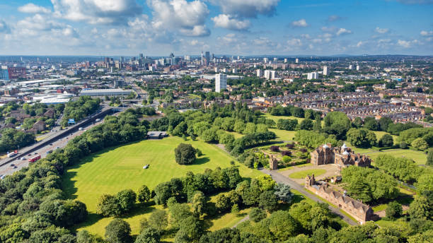 Birmingham Cityscape, England, UK Wide angle aerial view over Aston Hall and park looking towards the skyline of Birmingham, England, UK. aston hall stock pictures, royalty-free photos & images