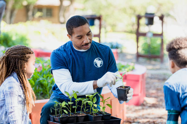 istock Botanist talks with children about plants in community garden 1329101971