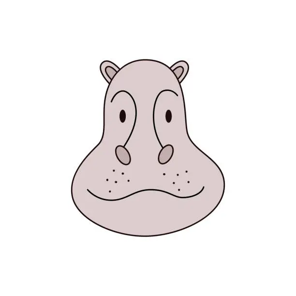 Vector illustration of Cartoon hippo head isolated. Colored vector illustration of a hippopotamus head with a stroke on a white background. Illustration of a cloven-hoofed mammal.