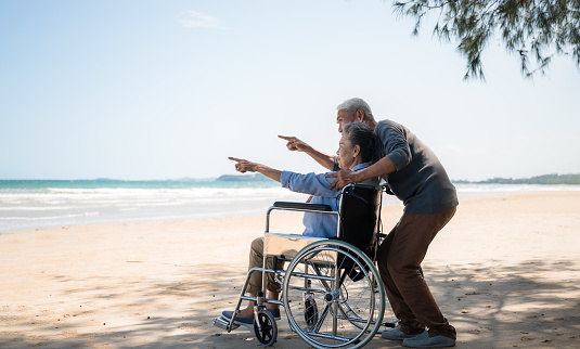 Side view of asian senior couple relaxing smile and enjoying with pointing and look to sea on beach under tree. Happy couple elderly retire resting and relax wife is disabled and sitting on wheelchair