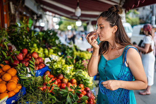 At the market in Amman, the capital of Jordan. A colorful variety of fruit, vegetables, spices and herbs are sold here.