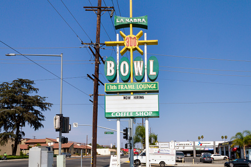 La Habra, CA, USA – July 12, 2021: Signage for the historic La Habra Bowl on Whittier Boulevard in La Habra, California.