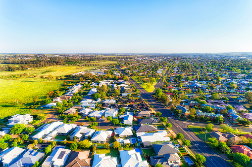 Great western plains of Australia - Dubbo town streets and residential suburbs in aerial scenic view.